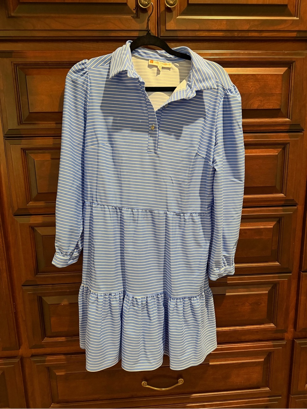 Jude Connally Light Blue and White Striped Tiered Shirt Dress